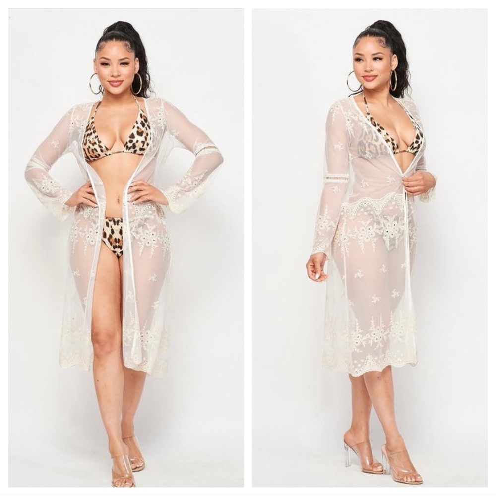 White Embroidery Mesh Beach Cover Up Cardigan
